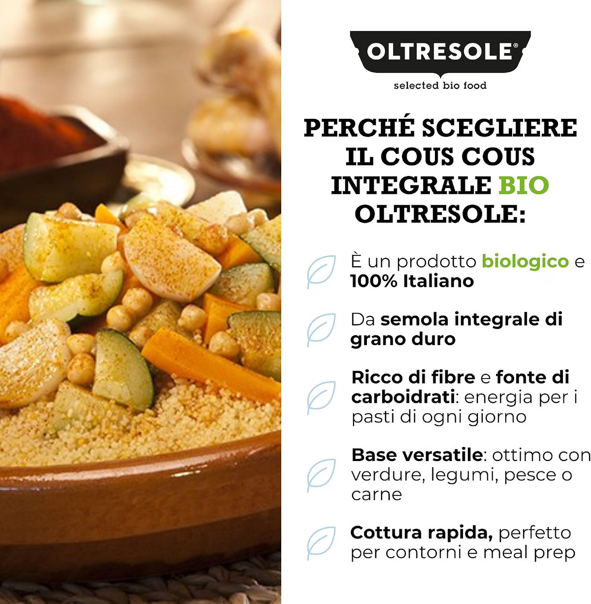 Oltresole Organic Wholemeal Couscous 1kg served with roasted vegetables and chickpeas, made from organic whole durum wheat semolina, naturally rich in fibre and ideal for healthy everyday meals.