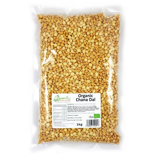 Organic Swaad Channa Dal 1kg pack showing yellow split chickpeas (Bengal gram) in branded packaging.