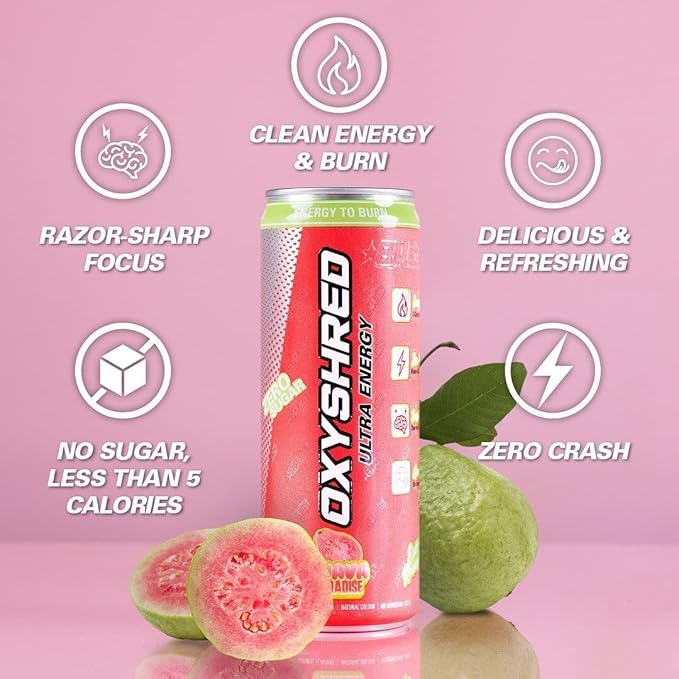OxyShred Guava Paradise energy drink can featuring tropical-themed label design
