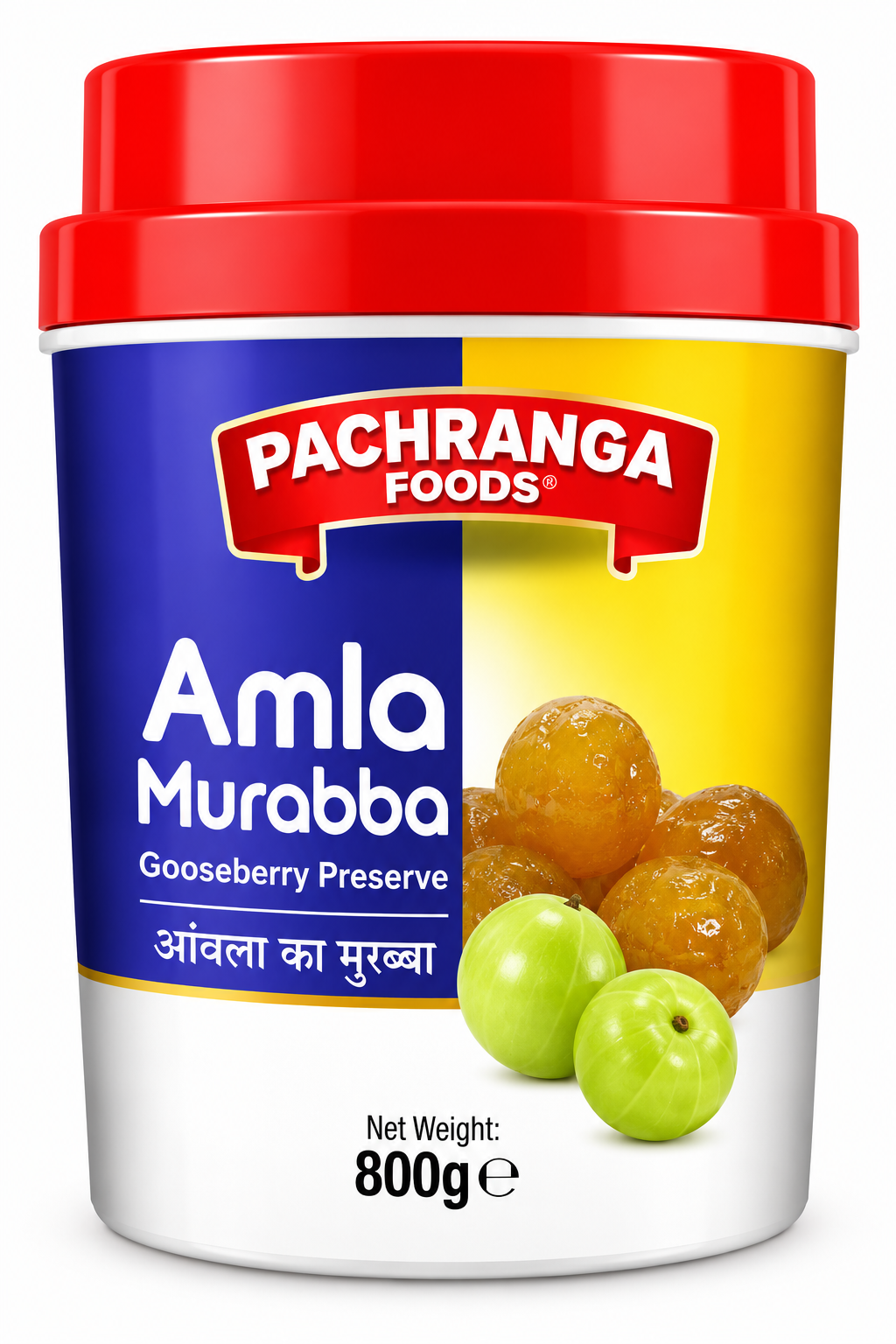 Pachranga Foods Amla Murabba 800g plastic tub with a bright red lid and blue and yellow label, displaying the Pachranga Foods brand name, Amla Murabba and Gooseberry Preserve product names, and images of preserved amla and fresh green Indian gooseberries. Traditional Indian gooseberry preserve in an 800g container.