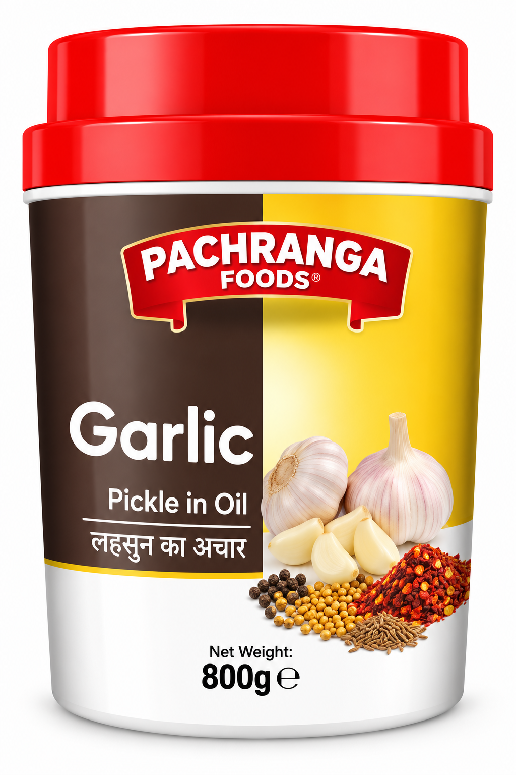 Pachranga Foods Garlic Pickle 800g jar with a red lid and brown and yellow packaging, featuring garlic bulbs, peeled garlic cloves, and spices. Traditional Indian garlic pickle in oil, ideal for serving with rice, roti, paratha, and everyday Indian meals.