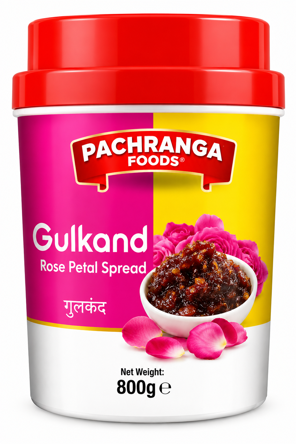 Pachranga Foods Gulkand Rose Petal Spread 800g tub with a bright pink and yellow label and red lid, featuring an image of dark rose petal preserve surrounded by fresh pink rose petals, suitable for adding traditional Indian rose flavor to desserts and sweet dishes.