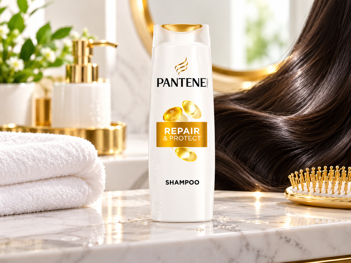Pantene Repair and Protect Shampoo bottle displayed on a marble bathroom counter with a white towel, gold accessories and glossy dark hair.