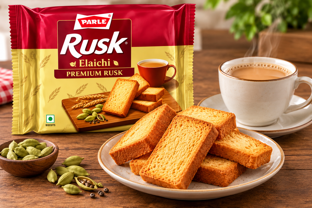 Parle Rusk Elaichi 200g packet served with crispy golden rusks and a cup of hot chai on a wooden table, with cardamom pods for a tea-time setting.