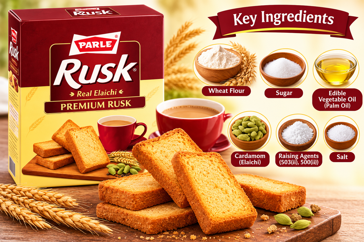 Parle Real Elaichi Premium Rusk 600g pack surrounded by golden toasted rusks, a cup of tea, wheat flour, sugar, edible vegetable oil, cardamom, salt and raising agents, presented in a food infographic highlighting the ingredients associated with Indian cardamom-flavoured rusk.
