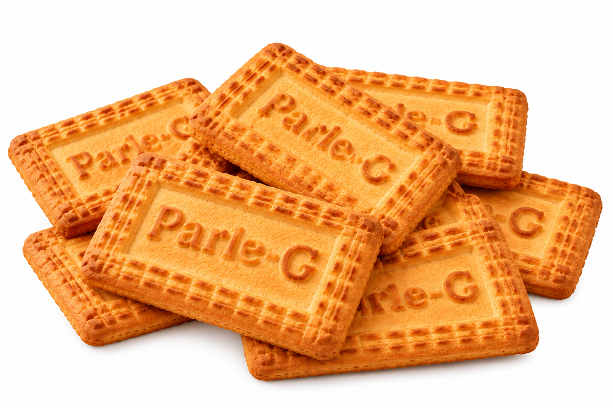 Golden-brown Parle-G glucose biscuits stacked and overlapping on a clean white background, featuring rectangular shapes, distinctive ridged edges, embossed Parle-G lettering and a crisp baked texture, suitable for product presentation and online grocery listings.