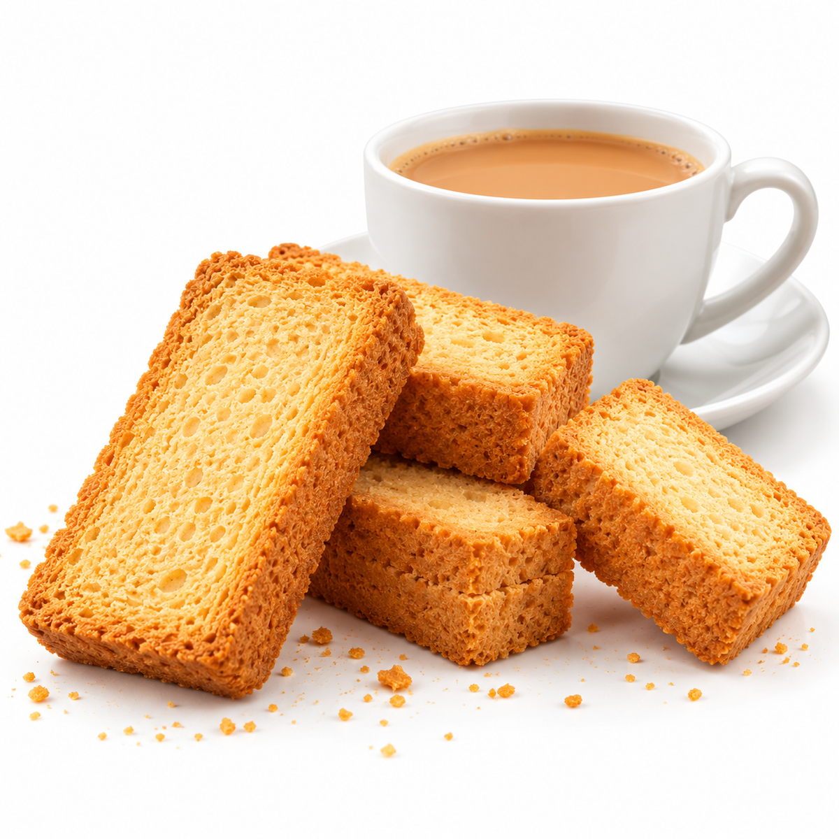 Golden-brown crispy milk rusks served with a cup of milk tea on a clean white background.