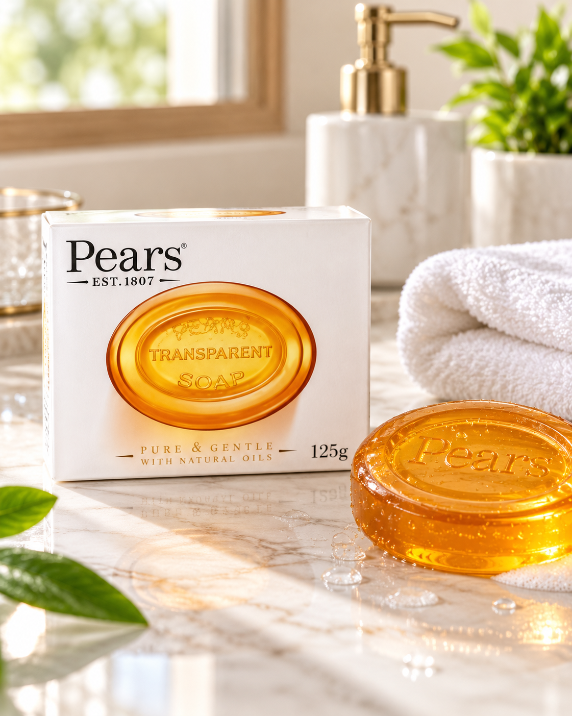 Pears Amber Transparent Bar Soap 125g displayed on a marble bathroom countertop beside a translucent amber soap bar, a folded white towel, green leaves, and a gold soap dispenser in a bright, elegant bathroom setting.