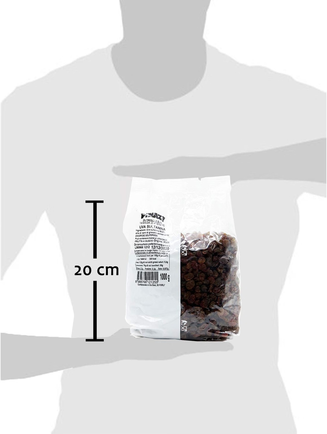 Pinazzi Oltresole Sultana Raisins 1kg pack size – 20cm tall dried raisin package, ideal for baking, desserts, breakfast cereals, cooking and snacking.