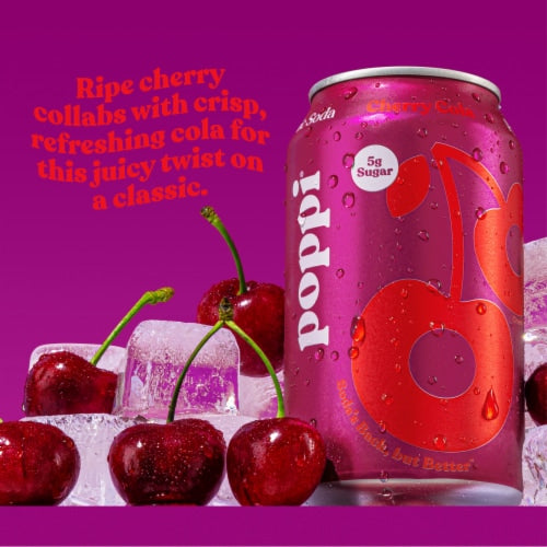 Poppi Prebiotic Soda Cherry Cola 355ml can with vibrant packaging, offering a tangy cherry cola flavor with apple cider vinegar and prebiotics for gut health.