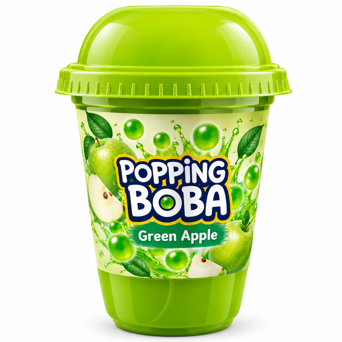 Popping Boba Green Apple 270ml cup featuring a lime-green lid, fresh green apples, green leaves and translucent green popping boba pearls.
