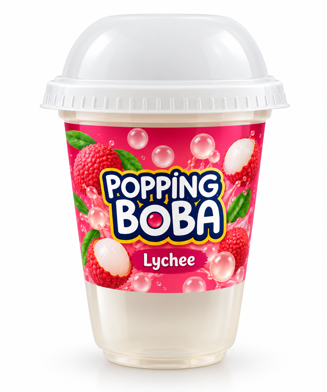 Popping Boba Lychee 270ml cup featuring a white lid, vibrant pink lychee label, fresh red lychees, green leaves, and translucent popping boba pearls.