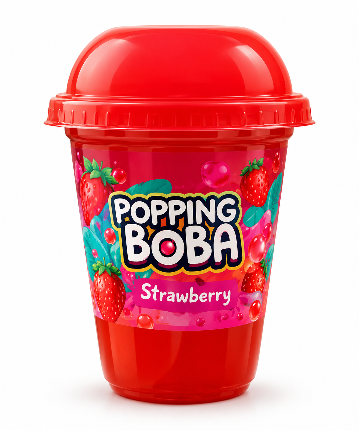 Popping Boba Strawberry 270ml cup featuring a red lid, vibrant pink strawberry label, juicy strawberry graphics, and popping boba pearls.