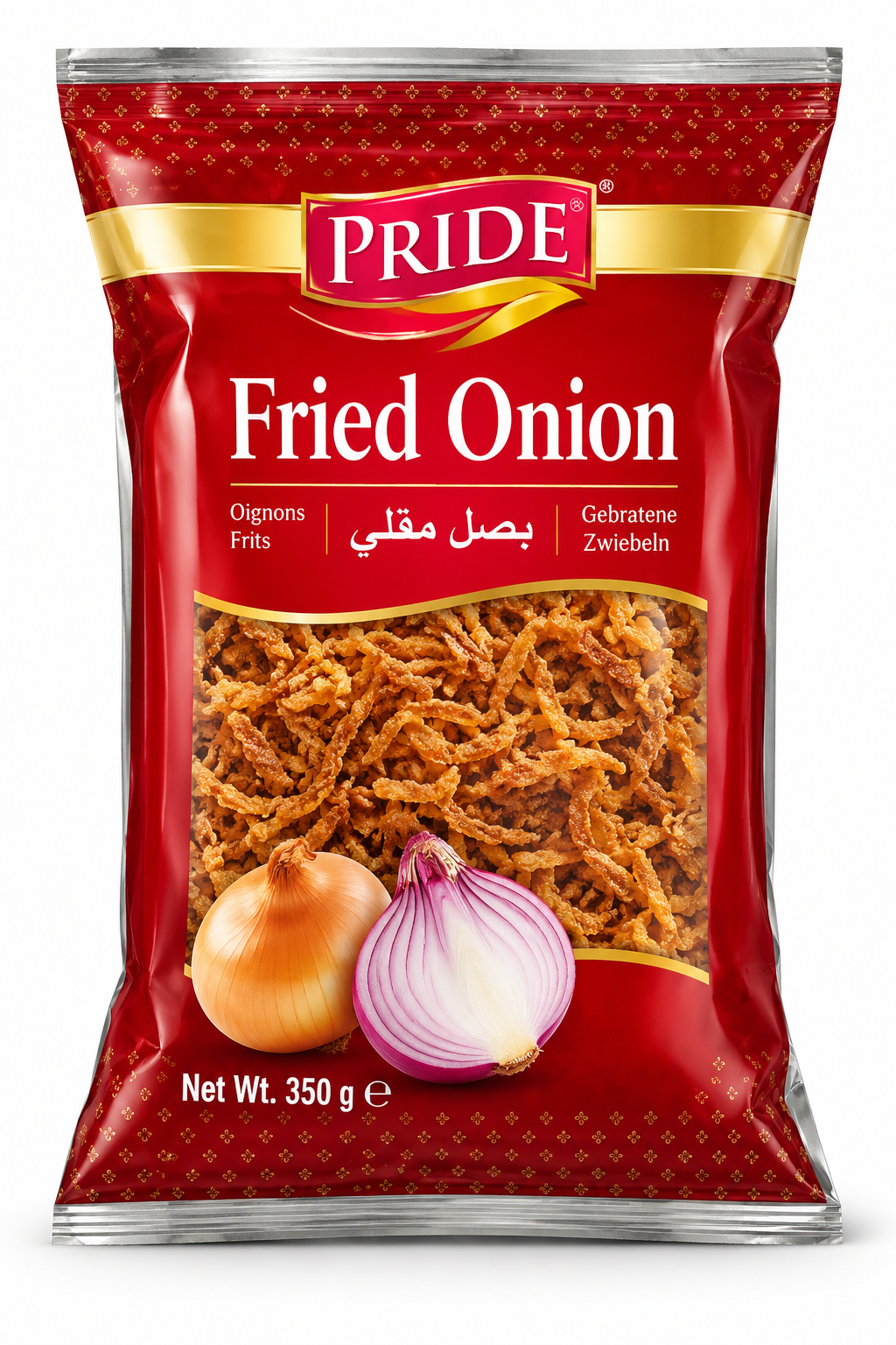Pride Sapna Fried Onion 350g packet featuring glossy red and gold packaging, the Pride brand logo, crispy golden-brown fried onion pieces and fresh onion imagery. A convenient pack of fried onions for adding flavour and texture to biryani, pulao, curries and other savoury dishes.Pride Sapna Fried Onion 350g packet featuring glossy red and gold packaging, the Pride brand logo, crispy golden-brown fried onion pieces and fresh onion imagery. A convenient pack of fried onions for adding flavour and texture to b