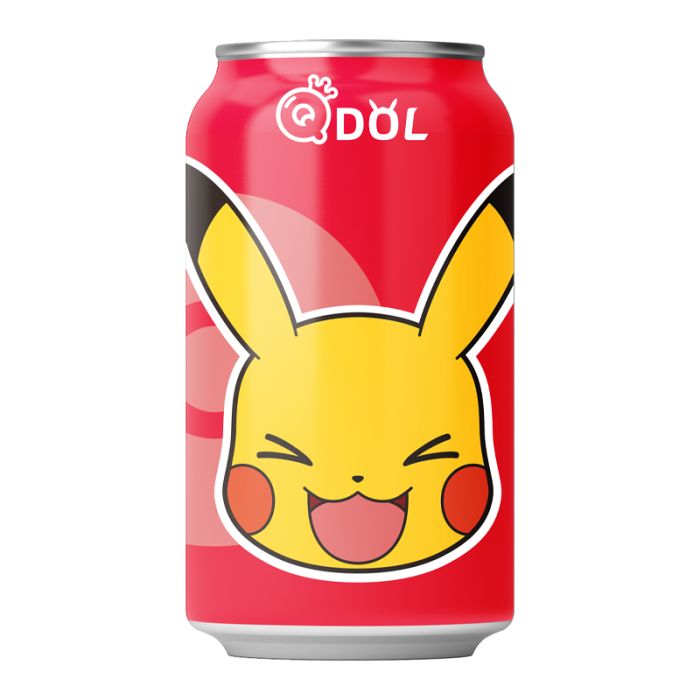 QDOL Pokémon Strawberry Flavor Sparkling Water 330 ml bottle featuring Pikachu, lightly carbonated and fruity.