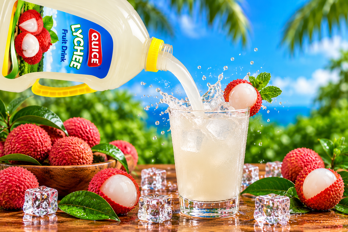 Quice Lychee Fruit Drink being poured into an ice-filled glass, surrounded by fresh lychees, green leaves and sparkling ice cubes.