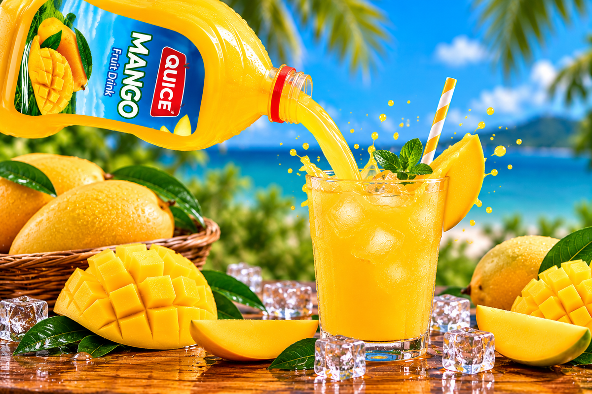 Quice Mango Fruit Drink being poured into an ice-filled glass, surrounded by ripe mangoes, diced mango pieces and green leaves.
