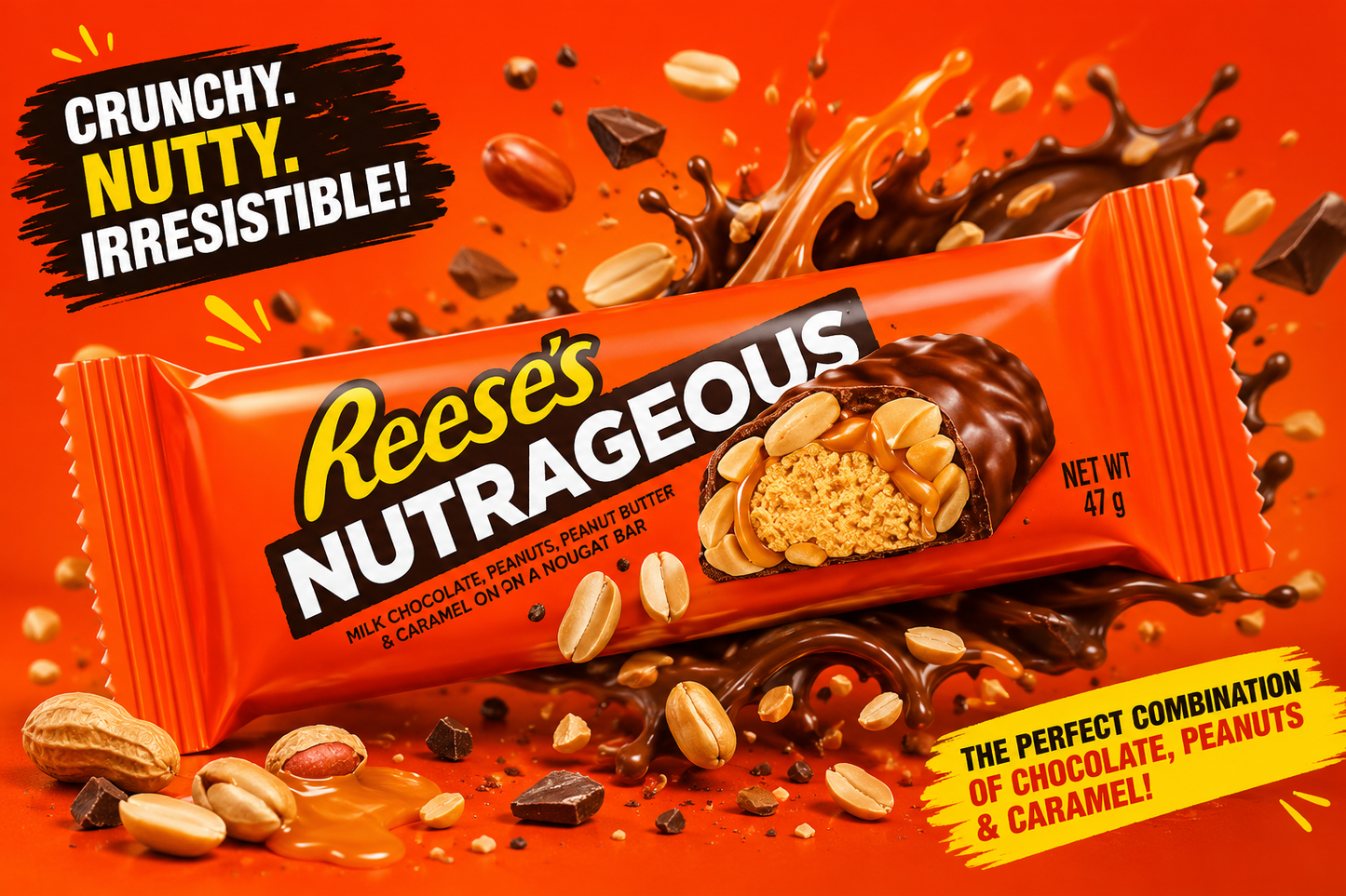 Premium lifestyle image of Reese's Nutrageous chocolate bar showcasing crunchy peanuts, smooth caramel, creamy peanut butter and milk chocolate in an eye-catching and indulgent product display.