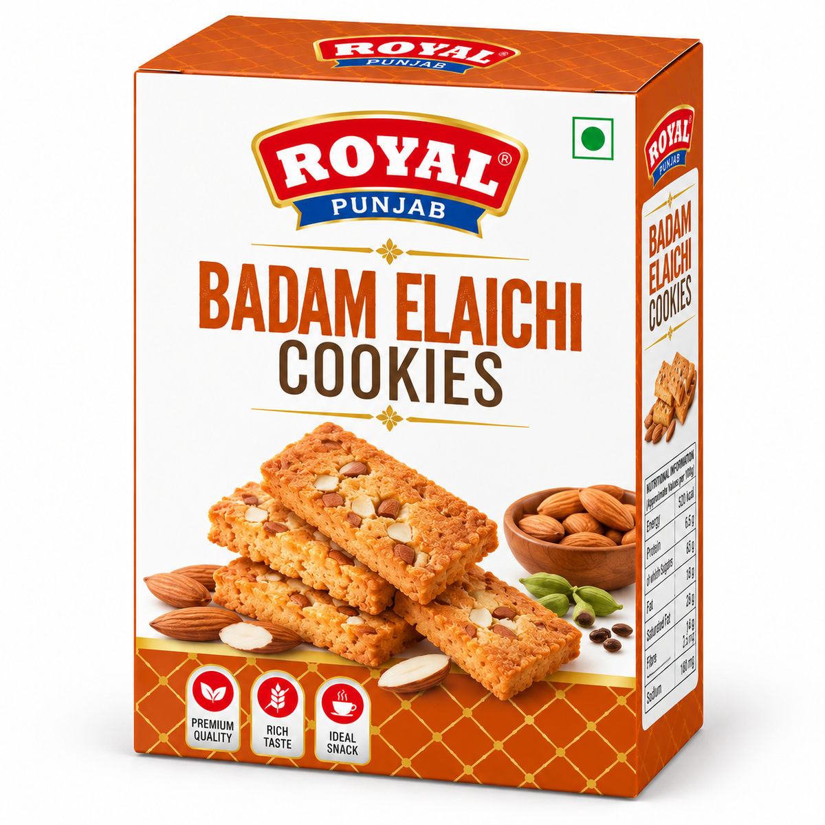 Royal Punjab Badam Elaichi Cookies 200g box featuring golden almond cookies, whole almonds, cardamom pods, orange and white packaging, and the red and blue Royal Punjab logo.