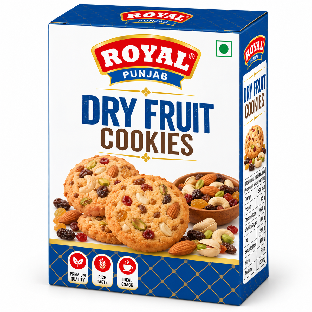 Royal Punjab Dry Fruit Cookies 300g box featuring golden cookies topped with almonds, cashews, pistachios and dried fruits, blue and white packaging, and the red and blue Royal Punjab logo