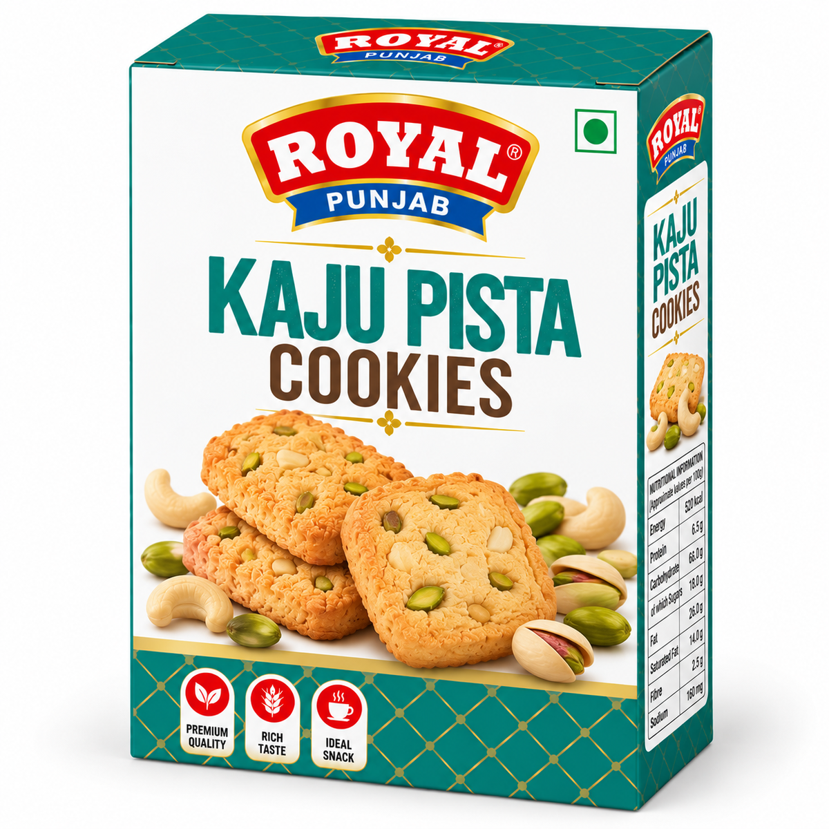 Royal Punjab Kaju Pista Cookies 300g box featuring golden cookies with cashew and pistachio pieces, whole cashews and green pistachios, teal and white packaging, and the red and blue Royal Punjab logo.