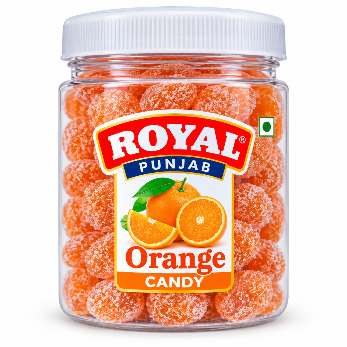 Royal Punjab Orange Candy 100g clear plastic jar featuring orange sugar-coated candies, fresh orange and orange slice graphics, a white screw lid, and red, blue and orange Royal Punjab branding.