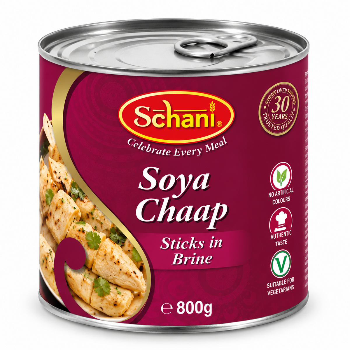Schani Plain Soya Chaap 800g tin featuring deep maroon and gold packaging, a silver ring-pull lid, the red and gold Schani brand logo, and a picture of soya chaap sticks. This canned soya chaap product is suitable for preparing Indian-style curries, tikkas, grilled dishes and other savoury meals at home.