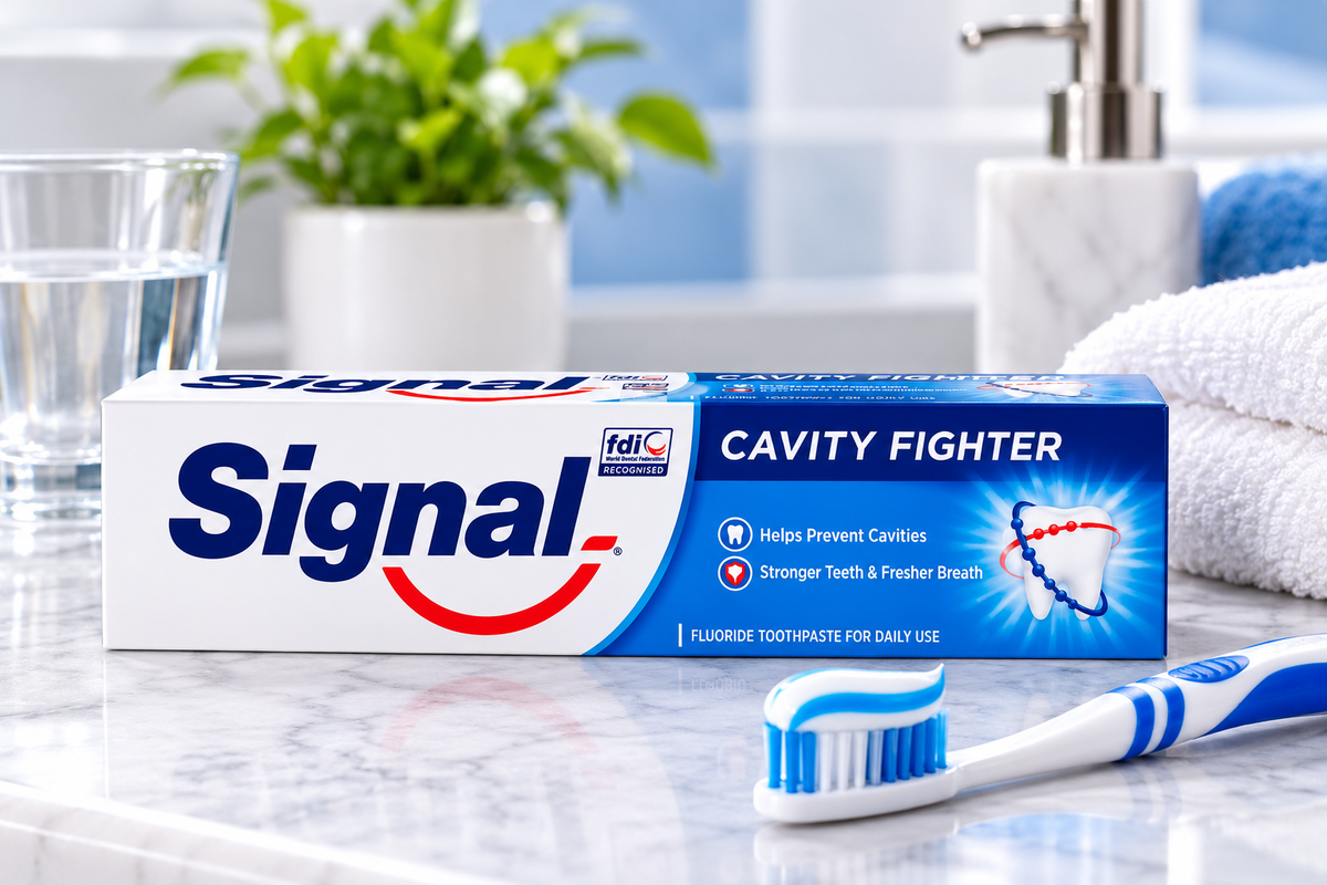 Signal Cavity Fighter Toothpaste 100g displayed on a clean bathroom vanity with a blue-and-white toothbrush, glass of water, folded white towel and fresh blue accents.