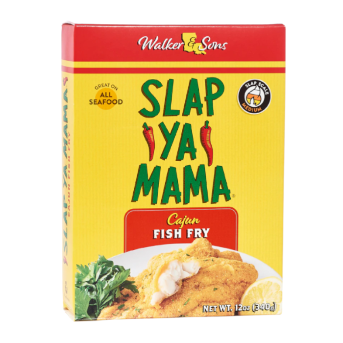 Bottle of Slap Ya Mama Cajun Fish Fry seasoned cornmeal for crispy fried seafood
