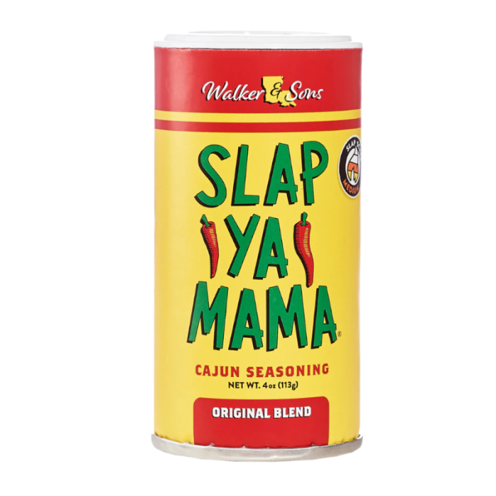 Slap Ya Mama Cajun Seasoning Original Blend 4oz jar with classic Cajun spice label.