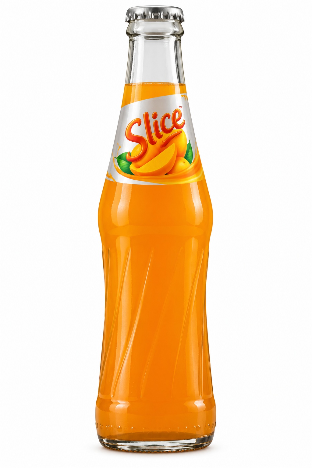 Slice Mango Drink 300ml glass bottle featuring bright orange mango juice, a silver crown cap, white and orange Slice label, and fresh mango slice graphics.