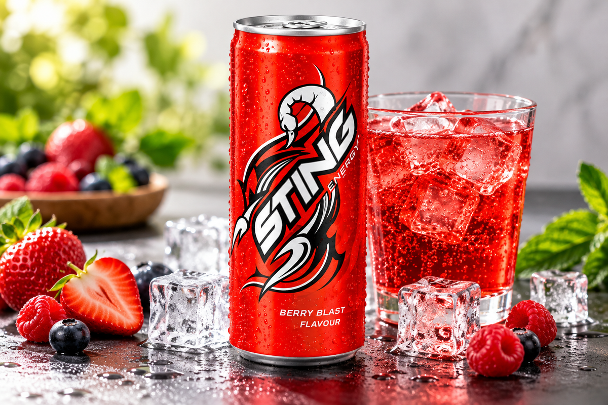 Sting Energy Berry Blast red can with a glass of chilled red drink, ice cubes, strawberries, raspberries and blueberrie