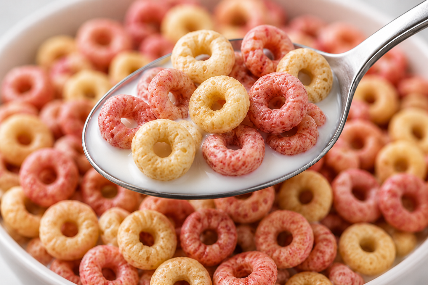 Close-up spoonful of Strawberry Banana Cheerios cereal with milk, highlighting pink and cream whole grain oat rings with strawberry and banana flavour.