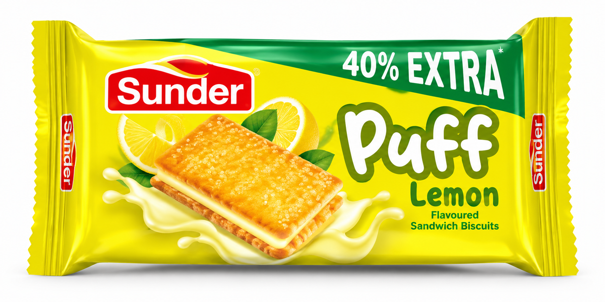 Sunder Lemon Puff Sandwich Biscuits 400g pack featuring crispy golden biscuits with lemon-flavoured cream filling in bright yellow and green packaging.