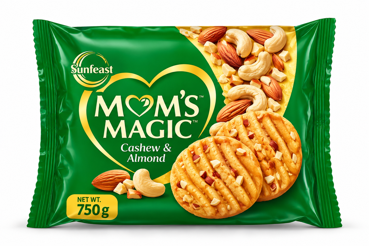 Sunfeast Mom’s Magic Cashew & Almond Cookies 750g pack featuring golden, nut-studded cookies with cashew and almond pieces in green packaging.