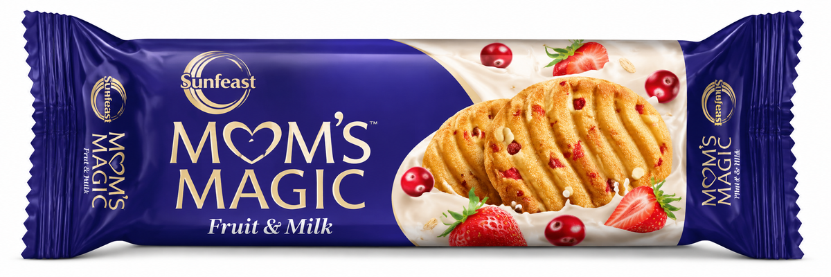 Sunfeast Mom’s Magic Fruit & Milk Cranberry and Strawberry Cookies 75g pack featuring crunchy golden cookies with red fruit pieces in purple packaging.