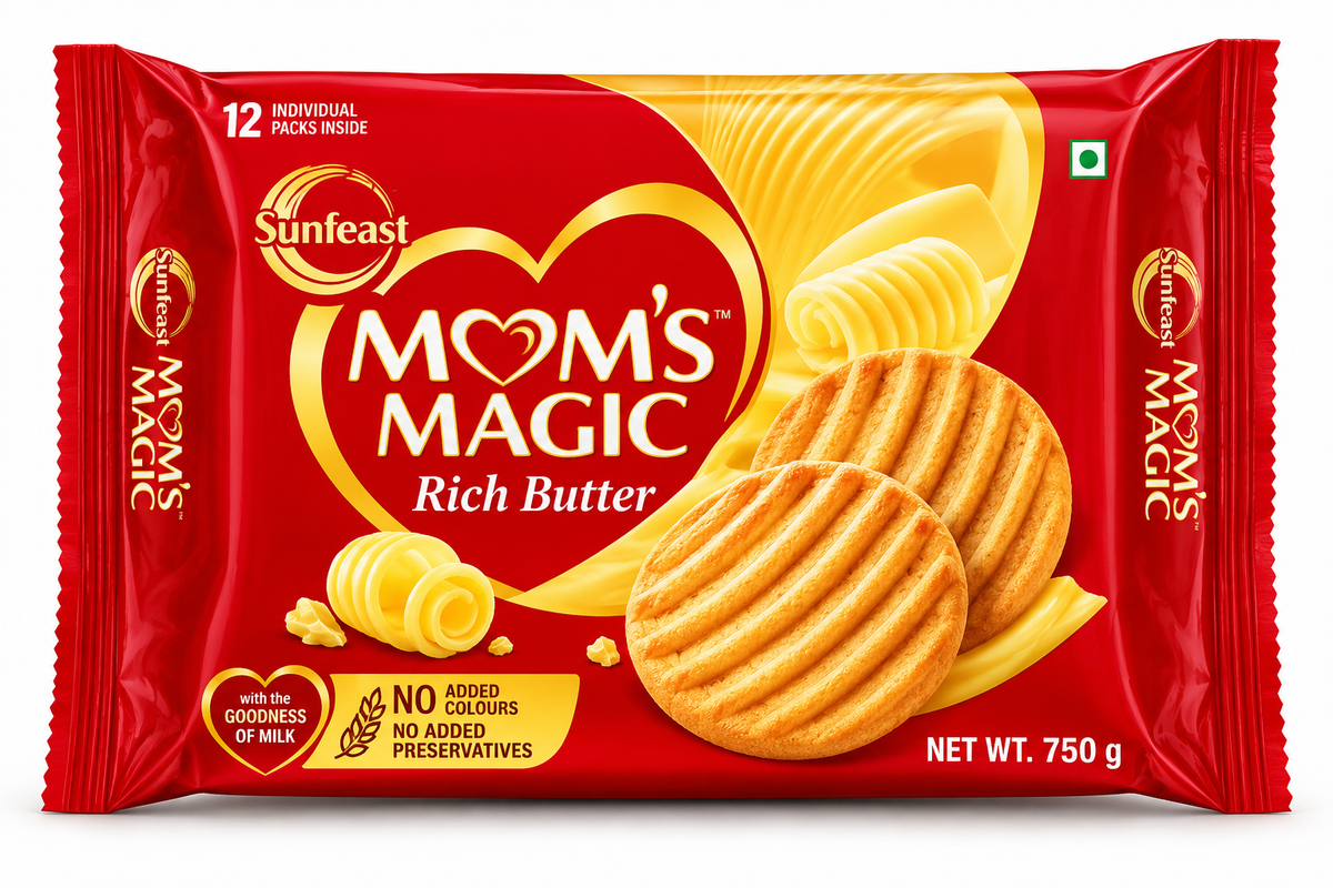 Sunfeast Mom’s Magic Rich Butter Cookies 750g pack featuring golden, ridged butter biscuits in red and gold packaging with butter swirl imagery.