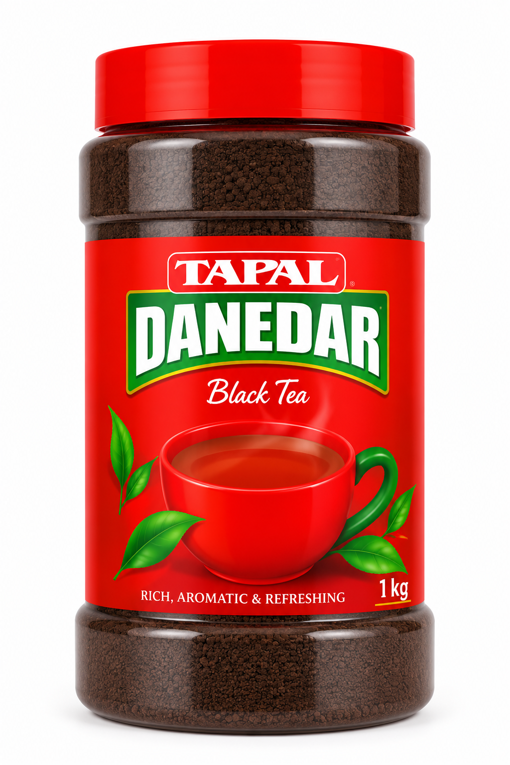 Tapal Danedar Tea 1kg jar featuring a bright red screw-top lid, a transparent dark-brown container filled with tea granules, and a vibrant red label displaying the white Tapal logo and green Danedar branding. The front label features a red teacup surrounded by green tea leaves, the words “Black Tea,” and the tagline “Rich, Aromatic & Refreshing.” Shown against a clean white background.