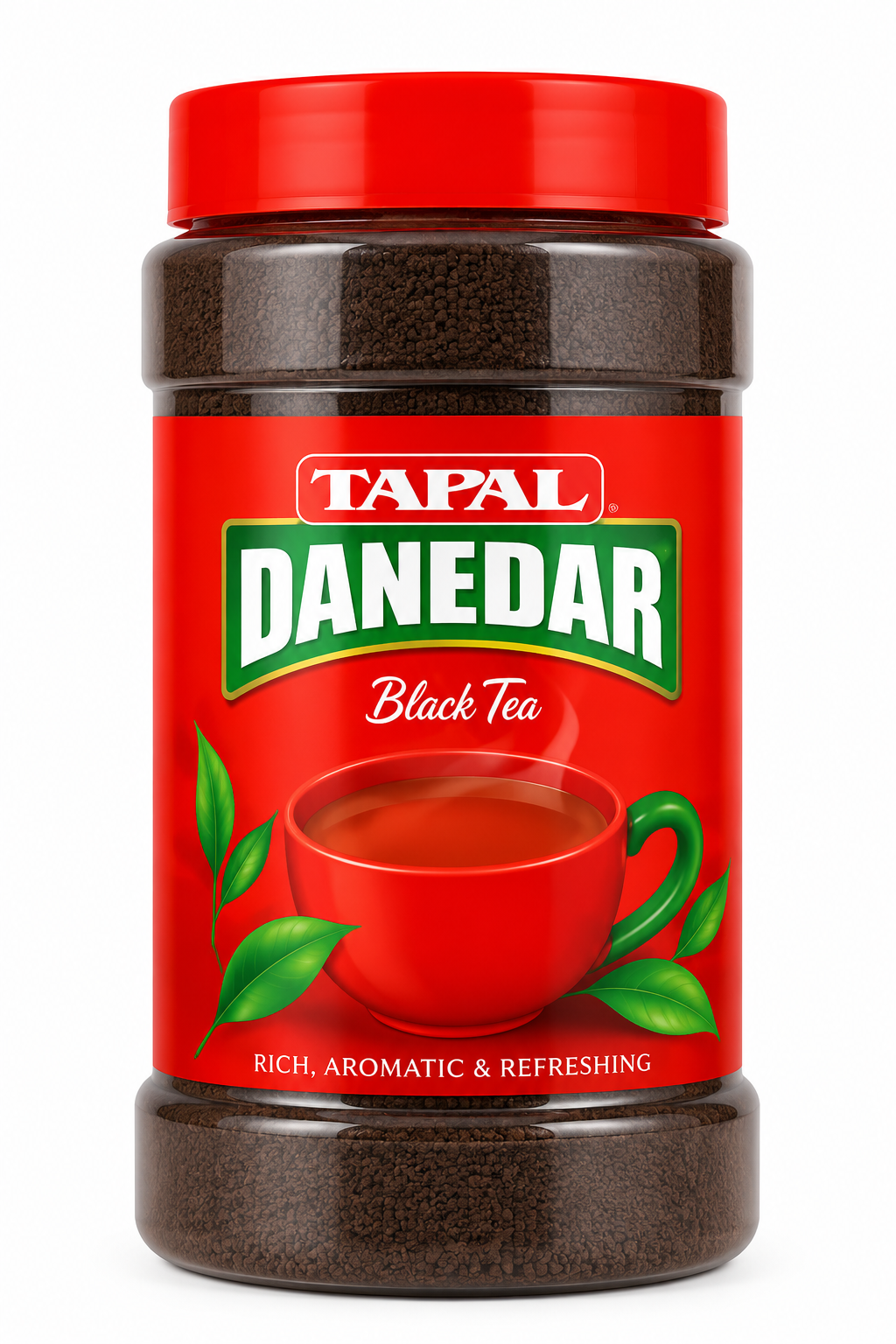 Tapal Danedar Tea 450g jar featuring a bright red screw-top lid, a transparent container showing dark granulated tea, and a vibrant red label with the Tapal logo and green-and-yellow Danedar branding. The label includes a red teacup surrounded by green tea leaves and the words “Black Tea,” presented against a clean white background.