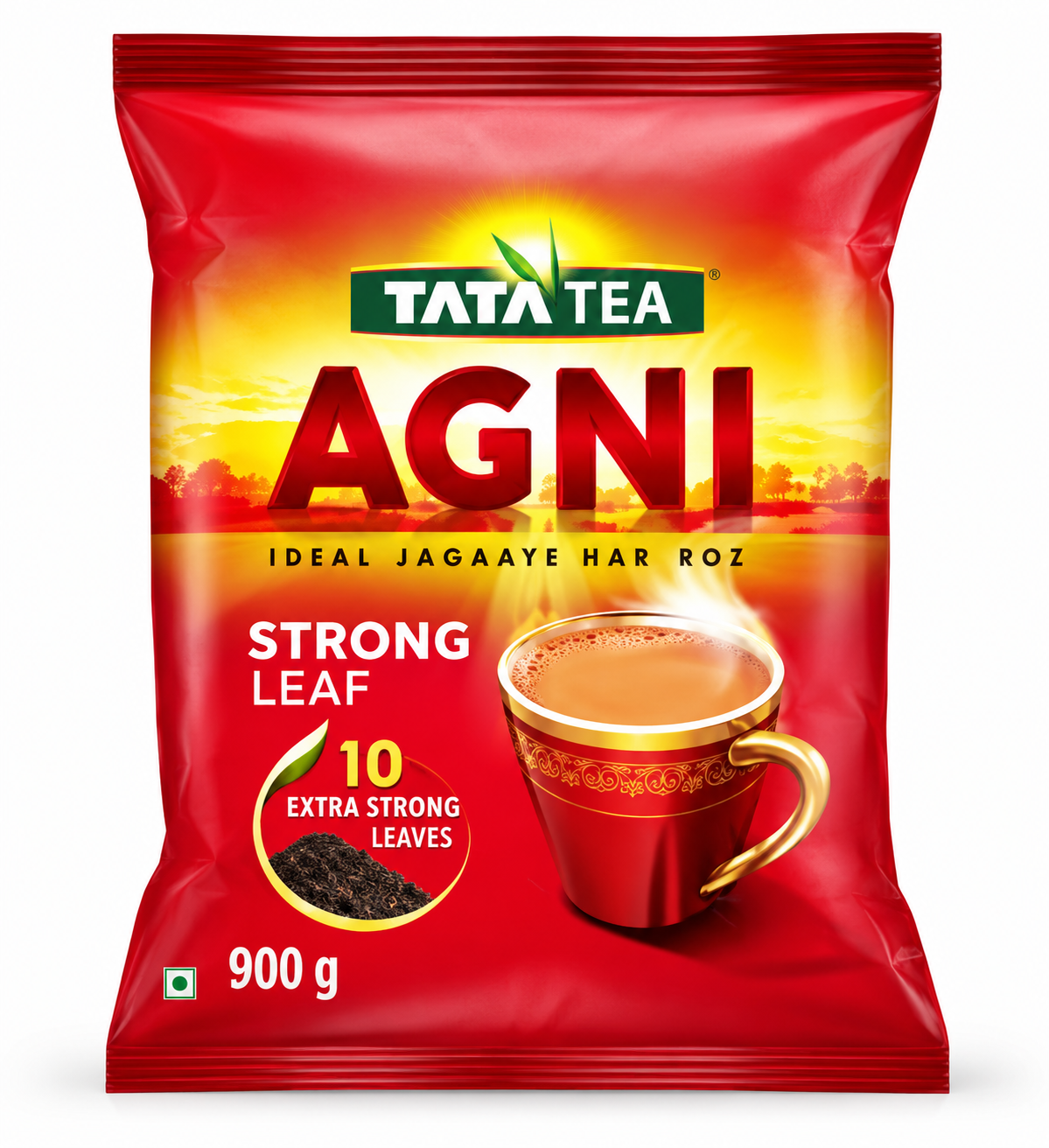Tata Tea Agni Strong Leaf Tea 900g pouch featuring vibrant red and yellow packaging, the green Tata Tea logo, bold red AGNI lettering, and a steaming cup of tea. The front design includes the “Strong Leaf” label and a badge highlighting extra-strong leaves, displayed against a clean white background.
