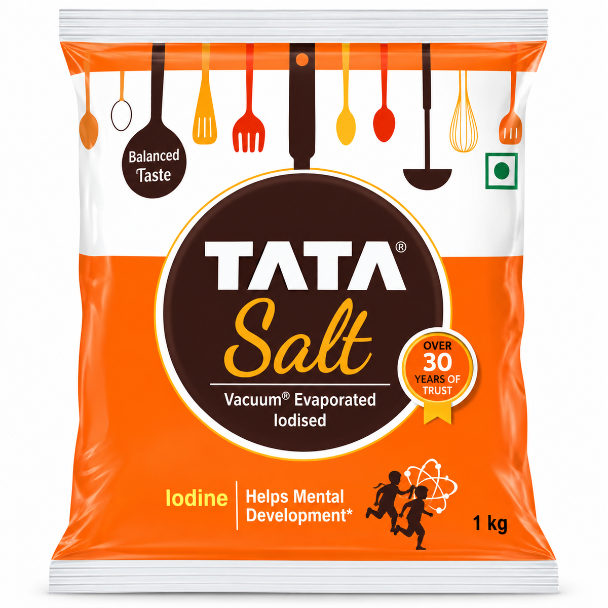 ata Salt 1kg pouch featuring the iconic orange-and-white packaging, large brown circular Tata Salt logo, and white sealed edges. The front label displays vacuum evaporated iodised salt, balanced taste messaging, utensil illustrations, and the familiar orange design. A 1kg pack of Tata iodised salt for everyday cooking, seasoning, and food preparation.
