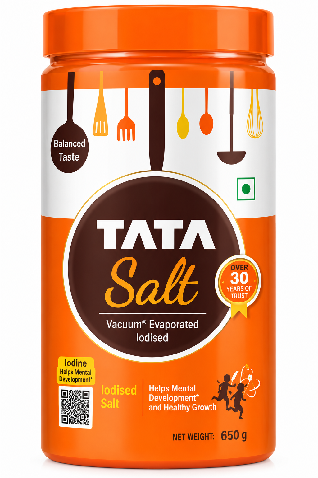 ata Salt Jar 650g featuring the iconic orange packaging, bright orange screw-top lid, and brown circular Tata Salt logo. The label displays vacuum evaporated iodised salt, balanced taste messaging, and the familiar orange-and-white design. A convenient jar of iodised table salt for everyday cooking, seasoning, and food preparation.