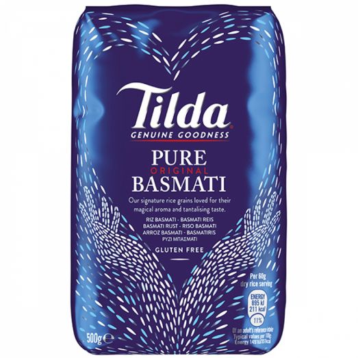 Tilda Pure Original Basmati Rice 500g pack – blue bag labeled “Tilda Genuine Goodness Pure Original Basmati” with white grain design and gluten free marking on the front.