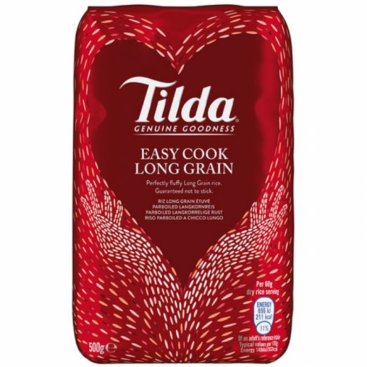 Tilda Easy Cook Long Grain Rice 500g pack – red bag labeled “Tilda Genuine Goodness Easy Cook Long Grain” with white grain pattern design and nutrition icons on the front.