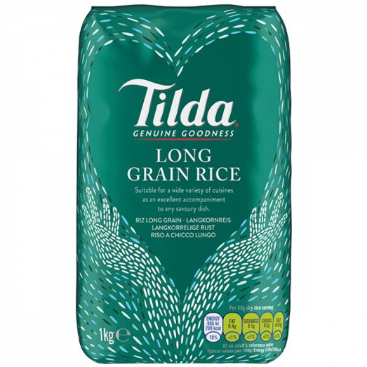 Tilda Long Grain Rice 1kg pack – green bag labeled “Tilda Genuine Goodness Long Grain Rice” with white grain design and nutrition icons on the front.