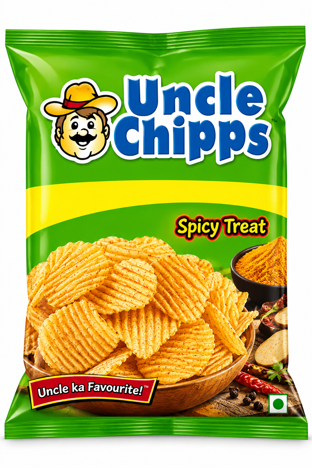 Uncle Chips Spicy 50g potato chips packet featuring green and yellow packaging, Uncle Chips branding, and a photograph of crispy ridged potato chips.