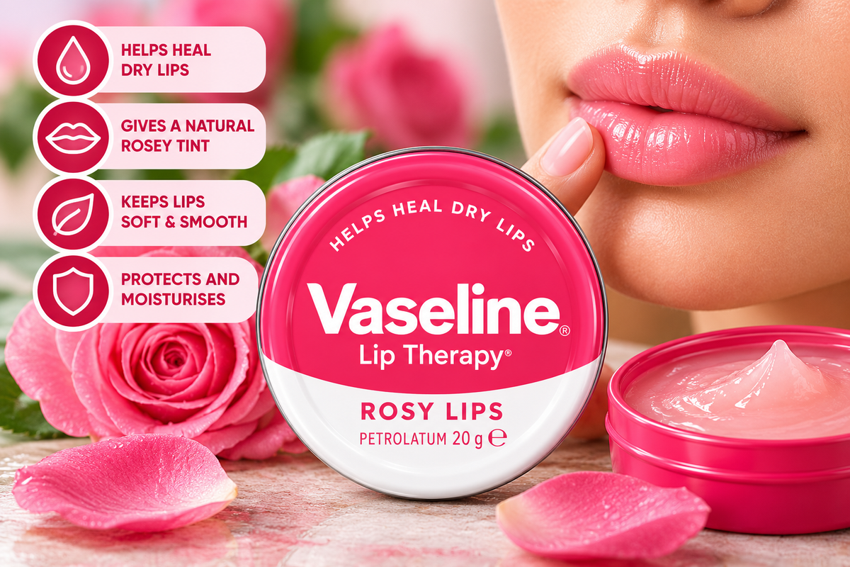 Vaseline Rosy Lips Lip Therapy 20g tin displayed with pink roses, rose petals and an open balm container beside a close-up of glossy pink lips, highlighting moisturising lip care for soft, smooth-looking lips.