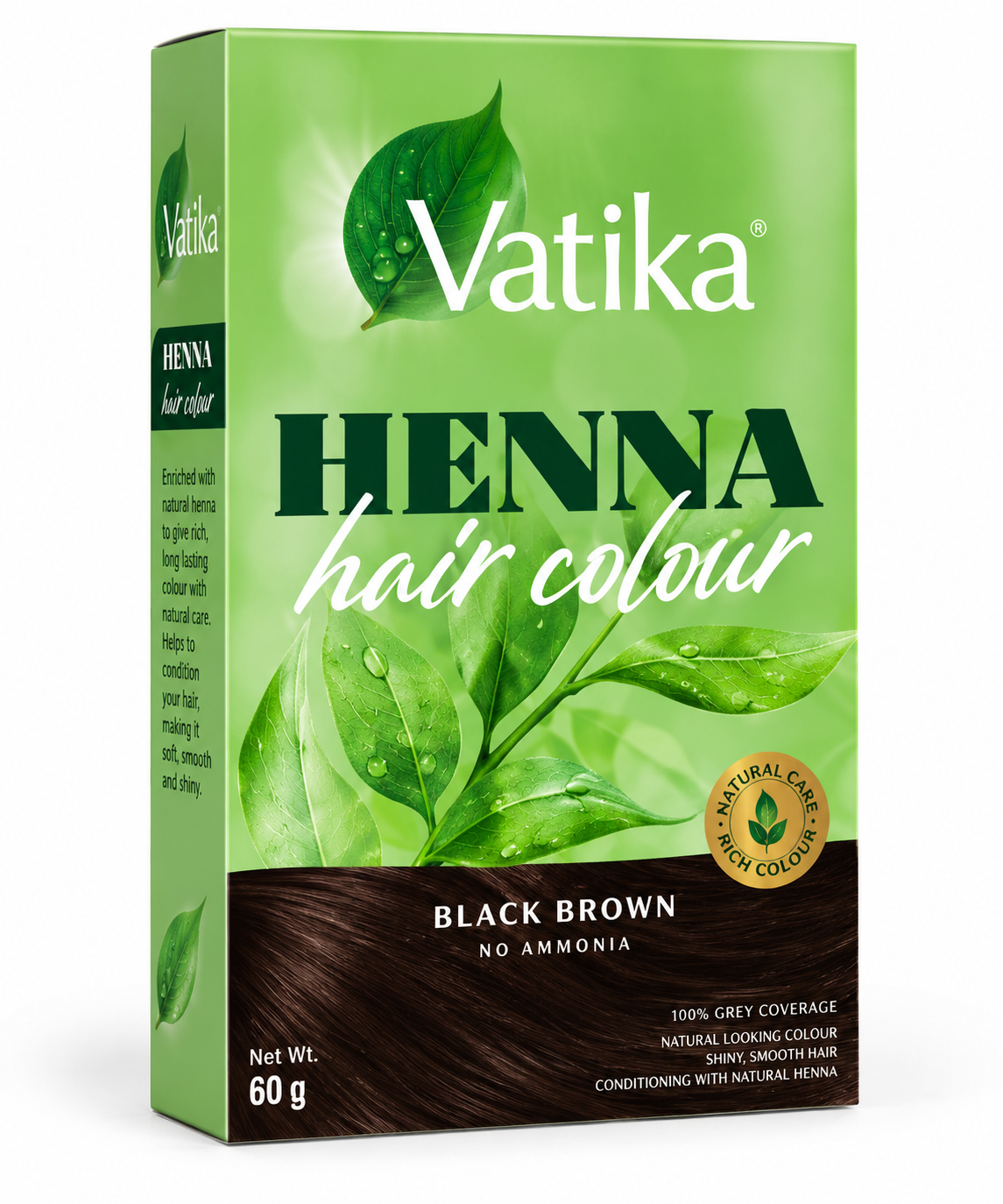 Vatika Henna Hair Colour Black Brown 60g box featuring green botanical packaging, the white Vatika logo, henna leaf illustrations, a Natural Care Rich Colour badge, and a dark brown panel displaying the Black Brown shade against a clean white background.