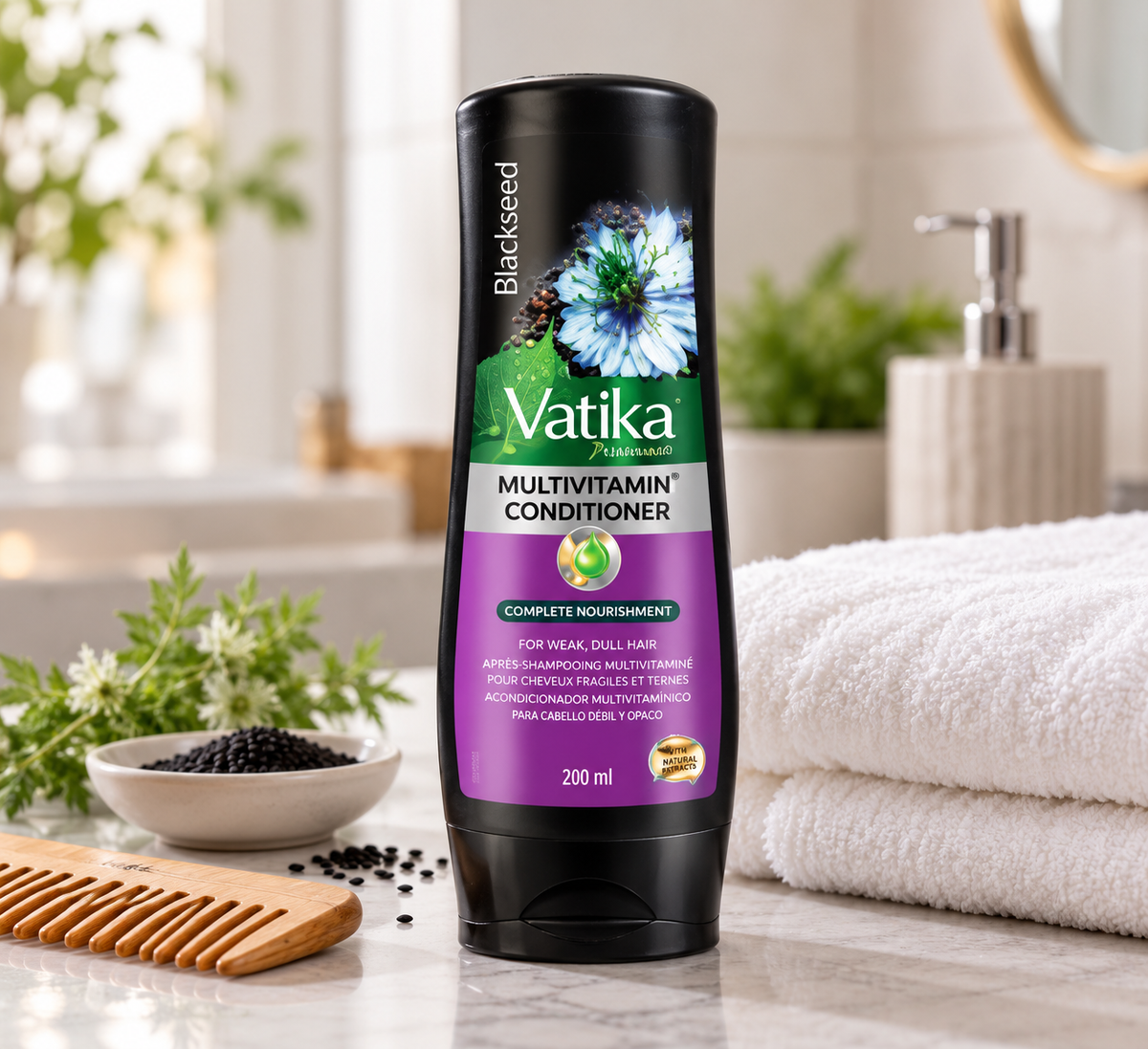 Vatika Blackseed Multivitamin Conditioner 200ml bottle displayed on a marble bathroom countertop beside a wooden wide-tooth comb, a bowl of black seeds, and a folded white towel. Green plants and soft natural lighting create a fresh bathroom setting for a hair care product listing.