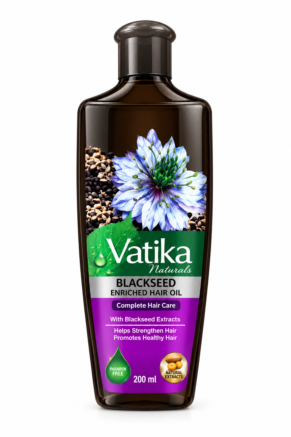 Vatika Naturals Blackseed Enriched Hair Oil 200ml dark brown bottle with purple label, black seeds and blue flower, formulated to help strengthen hair and promote healthy-looking hair.